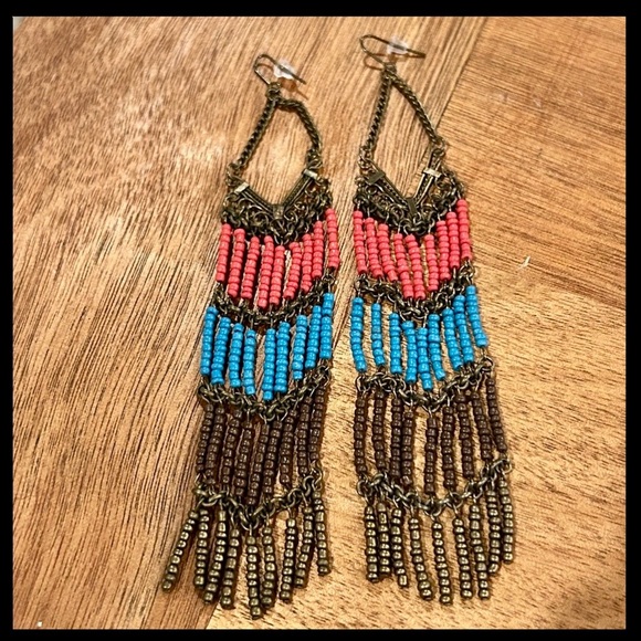 Jewelry - Bohemian Boho Chic Hippie Tribal Multi Color 6” Fringe Seed Bead Earrings